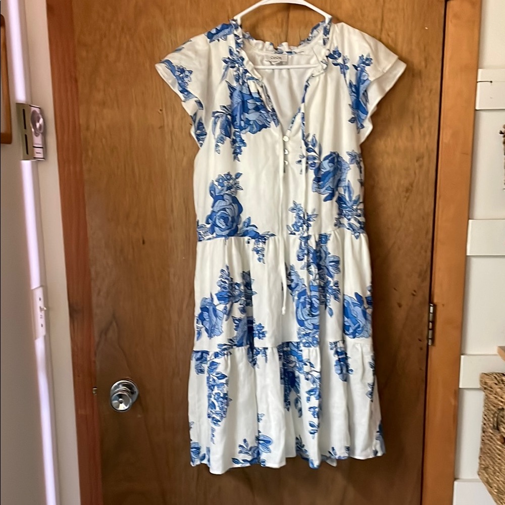 White Floral Tiered Midi Dress with Blue Roses